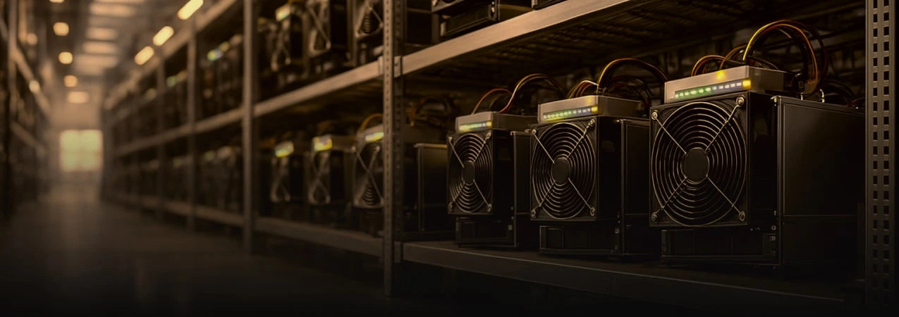 Row of active ASIC miners running on metal shelves in a dimly lit mining farm