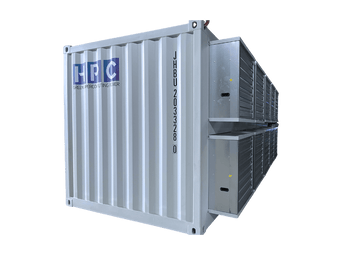 Containerized refrigeration unit with HRC logo on a green background