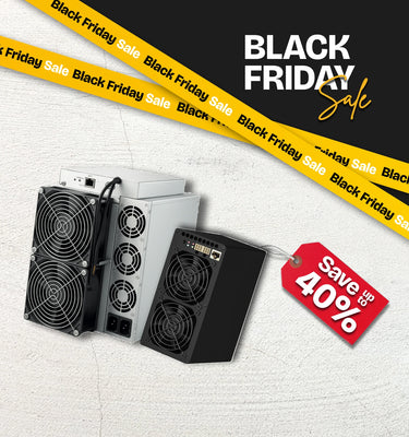Black Friday sale graphic with two ASIC miners and a red tag showing up to 40 percent savings