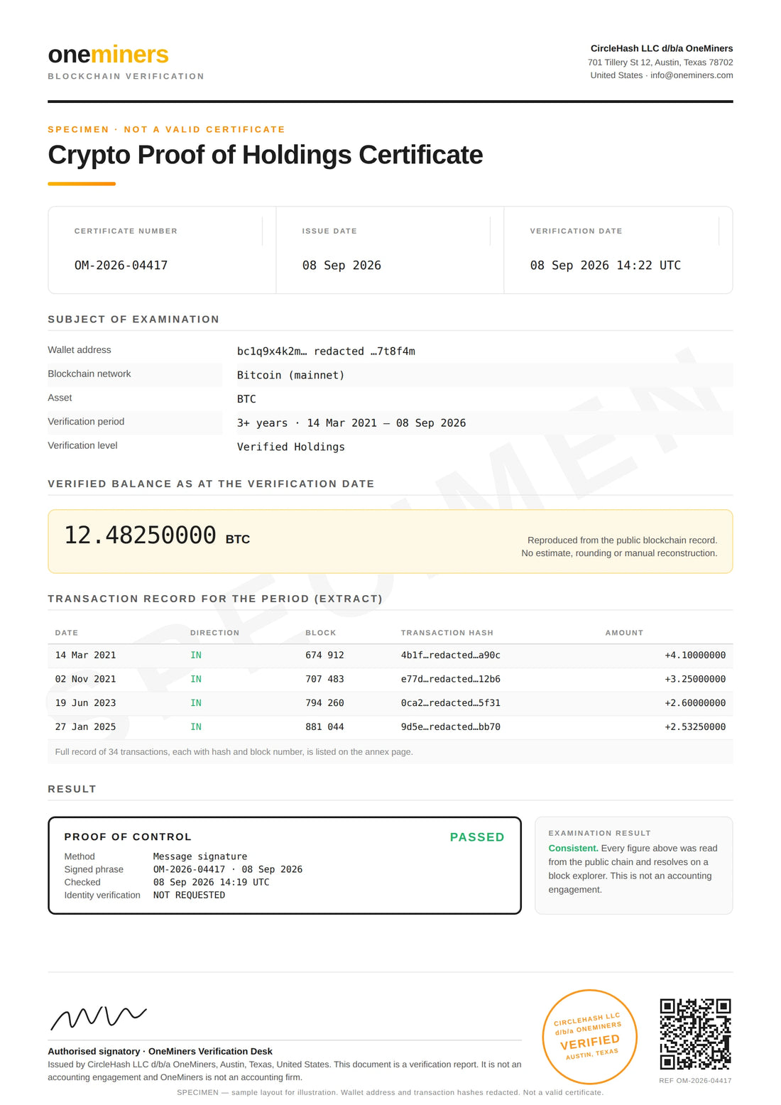 Specimen OneMiners Crypto Proof of Holdings certificate showing the verified wallet balance, transaction hashes and block numbers, and a PROOF OF CONTROL: PASSED block.