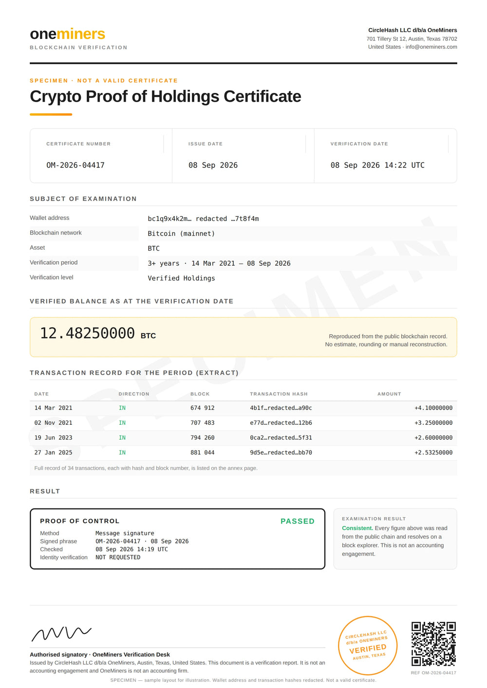 Specimen OneMiners Crypto Proof of Holdings certificate showing the verified wallet balance, transaction hashes and block numbers, and a PROOF OF CONTROL: PASSED block.