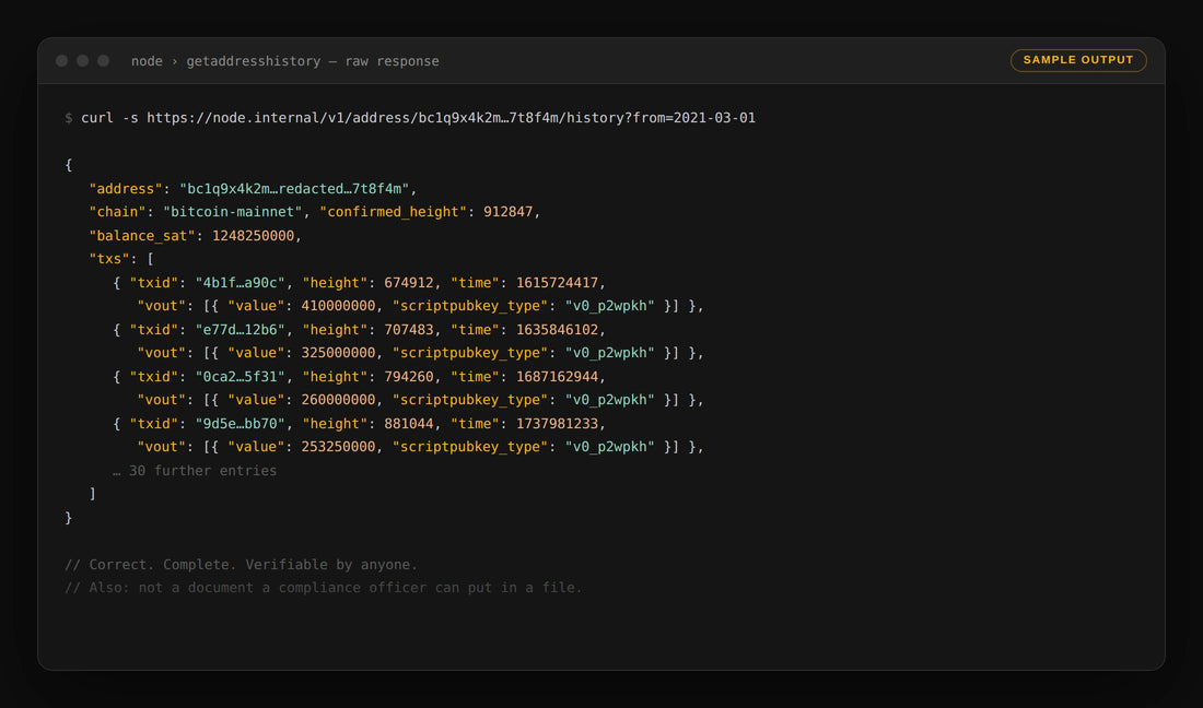 Raw blockchain node output for a Bitcoin address in a terminal window — balance in satoshis, transaction IDs and block heights.