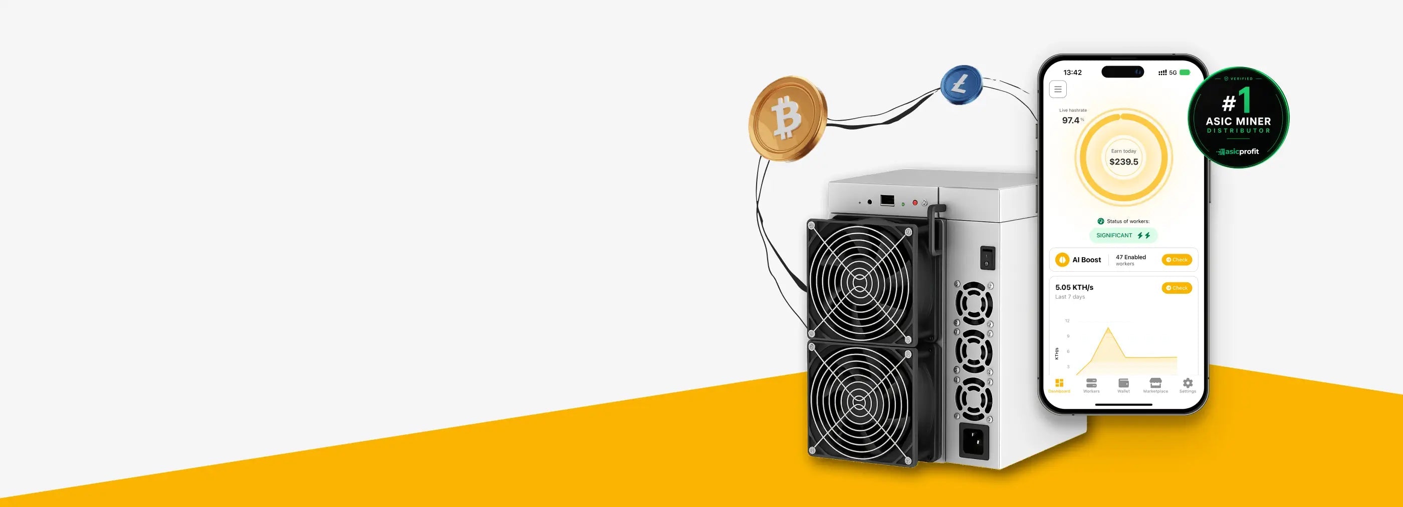 Blockchain technology hardware and smartphone app on a white and orange gradient background