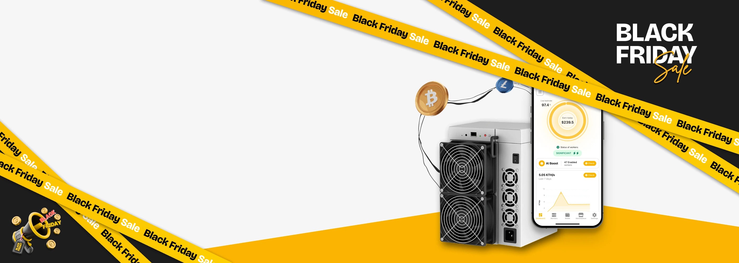 Black Friday sale banner with electronic device and smartphone displaying app on a yellow and black background.