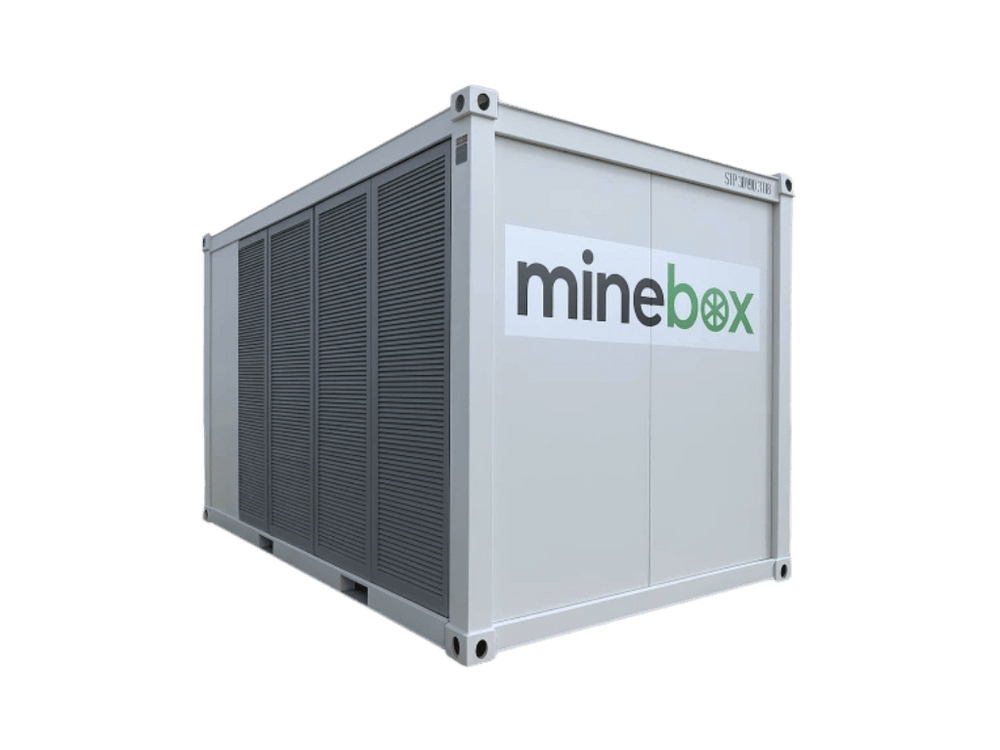 Contenedor con el logo 'minebox' sobre un fondo verde