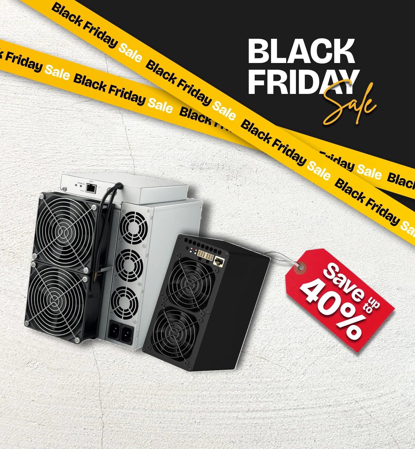 Black Friday sale graphic with two ASIC miners and a red tag showing up to 40 percent savings