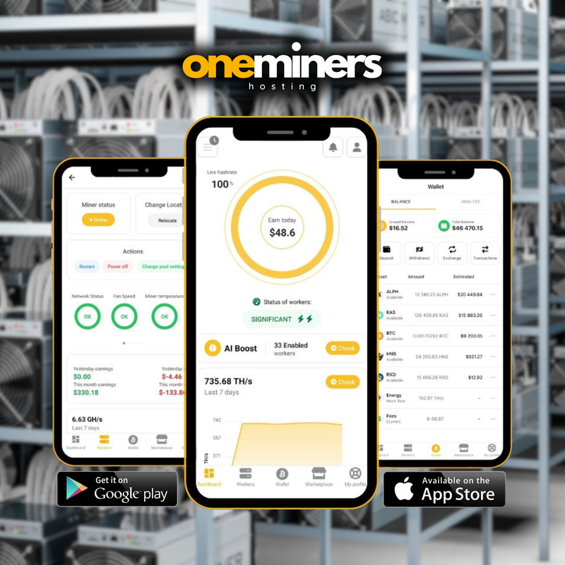 Three smartphone screens displaying an app interface with 'oneminers hosting' branding, set against a blurred warehouse background.