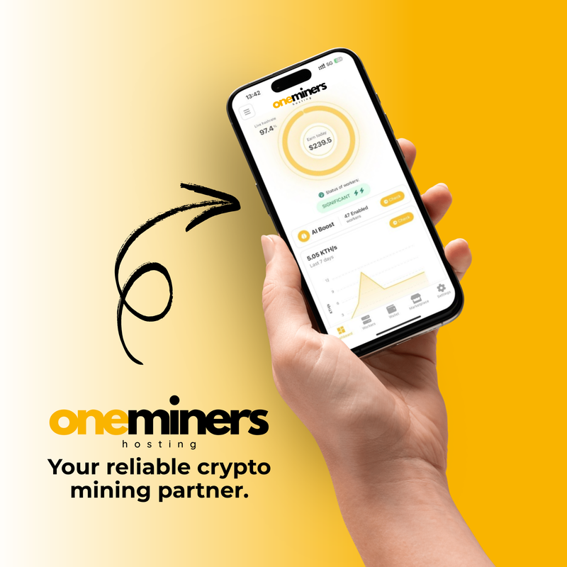 Hand holding a smartphone displaying the OneMiners app on a yellow background