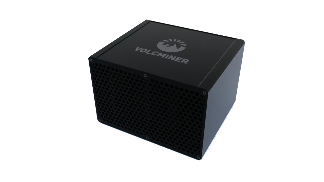 VolcMiner D1 Mini ASIC miner with a sleek black design and hexagonal mesh, delivering 2.2 GH/s hashing power.