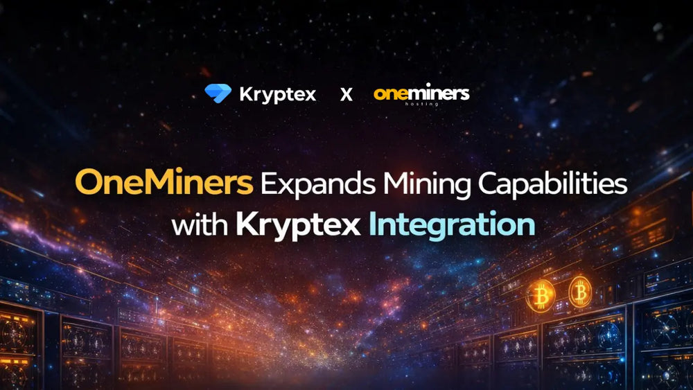 Promotional graphic for Kryptex and OneMiners integration with mining equipment in the background