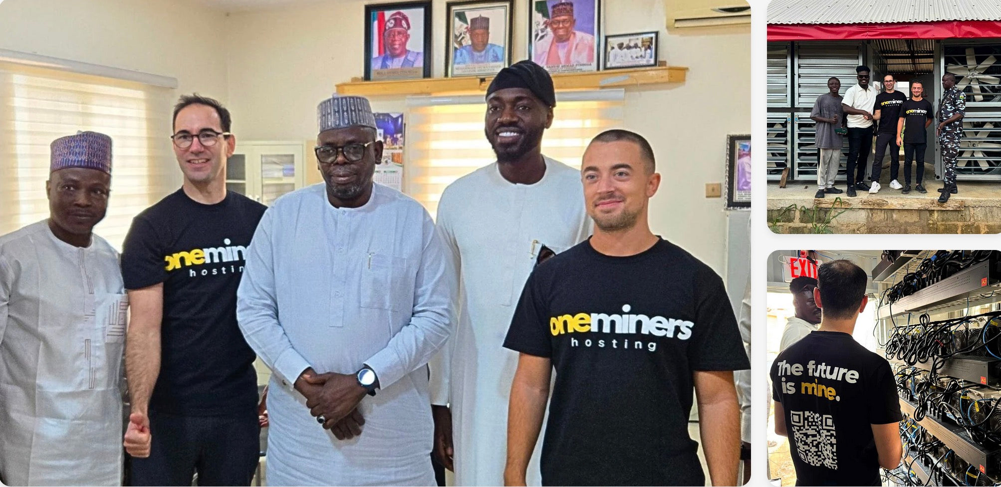 OneMiners team at an event, posing together with mining equipment