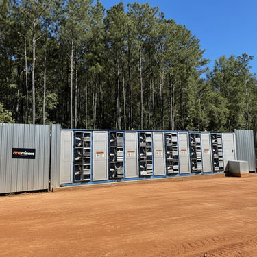 Row of battery storage units with trees in the background