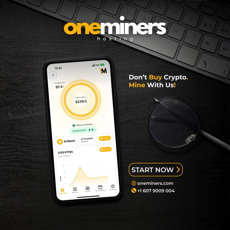 Smartphone displaying a mining app with 'oneminers' branding and promotional text on a dark surface.