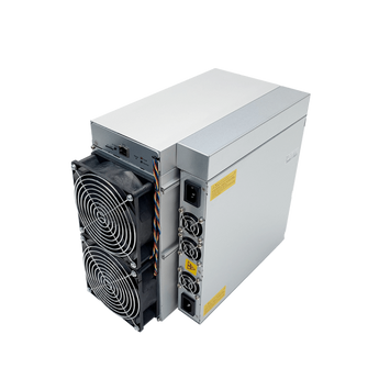 Antminer S19j Pro cryptocurrency miner with a silver metal body, dual front cooling fans with protective grilles, multiple rear exhaust fans, and power input ports.