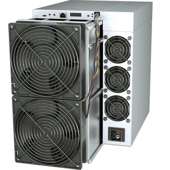 Antminer S21 – high-performance Bitcoin miner with 195 TH/s hash rate, featuring dual cooling fans for efficient heat dissipation and optimal mining stability.