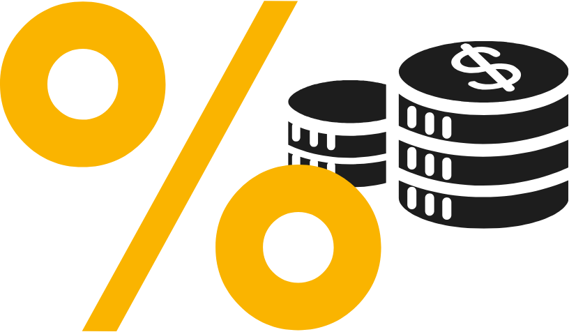 Yellow percentage symbol with a stack of black coins in the background