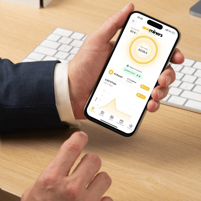 Hand holding a smartphone with a mining app open on a desk with a keyboard