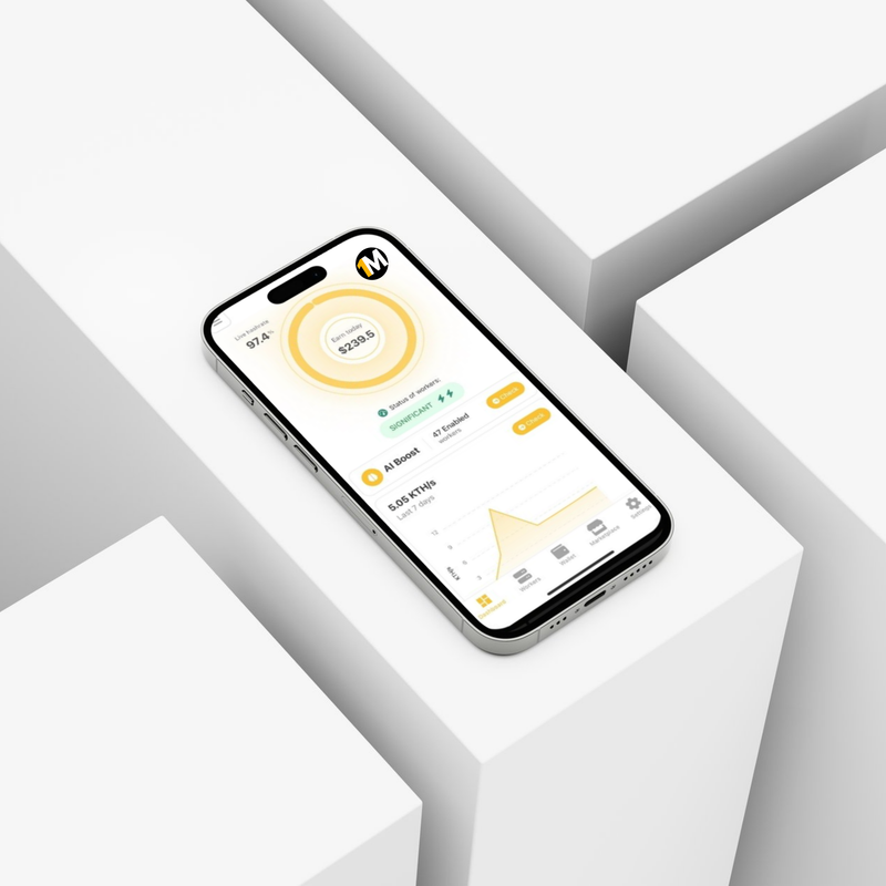 Smartphone displaying a financial app on a geometric white background