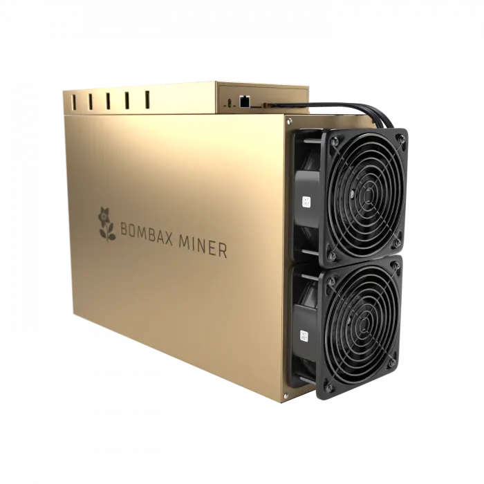 Bombax EZ100 – 12,500 MH/s ASIC miner with a gold-colored casing, dual front cooling fans, and Ethernet connectivity.