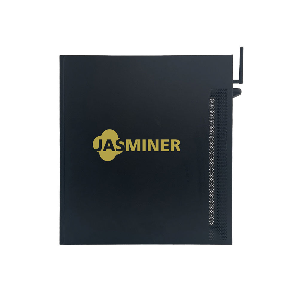 Jasminer X16-QE asic miner, showing the front view with the logo and side ventilation on the black metal casing.