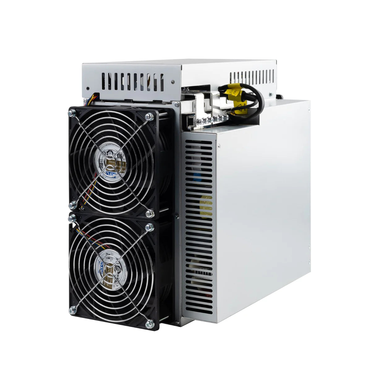 Ibelink BM-KS Max cryptocurrency miner with a silver metal chassis, dual front cooling fans, rear exhaust vents, and a visible power connection at the top.