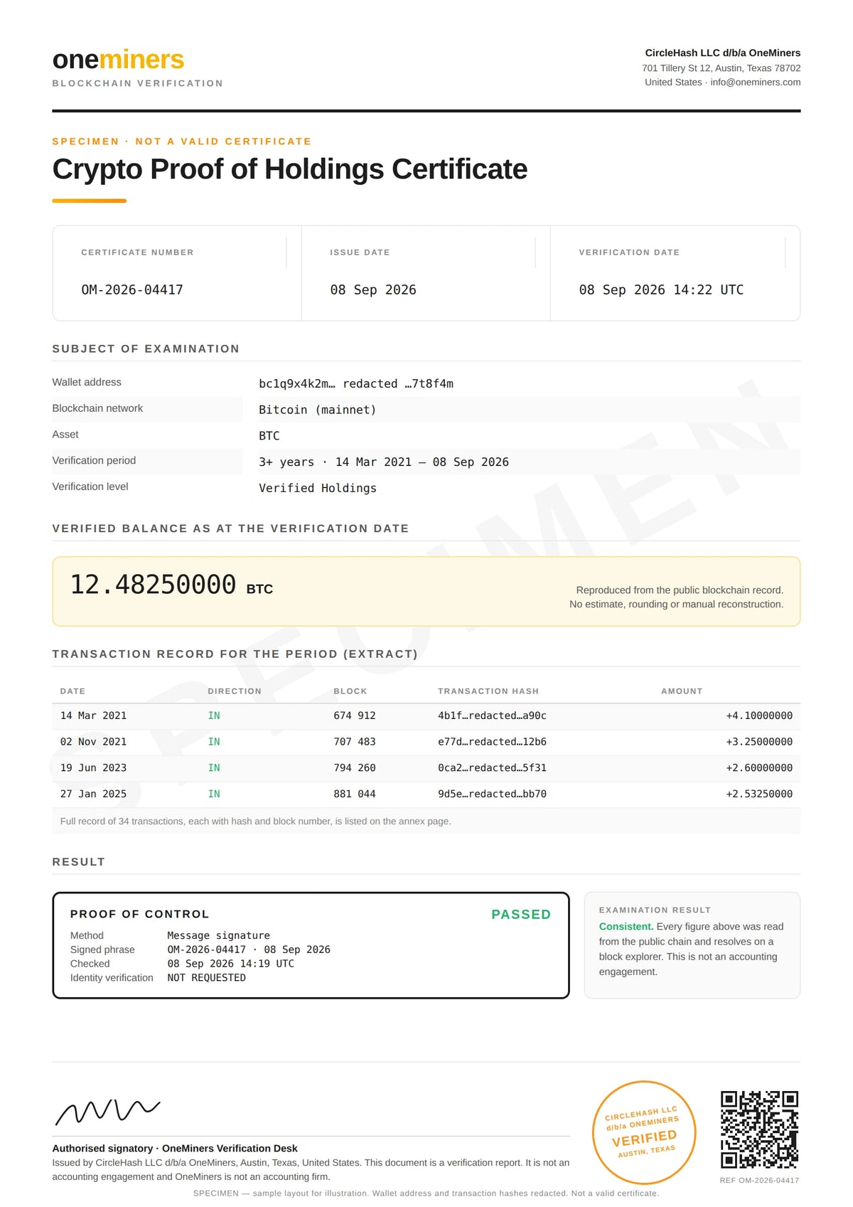Specimen OneMiners Crypto Proof of Holdings Certificate with wallet address and transaction hashes redacted