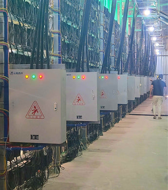 A cryptocurrency mining facility with rows of power distribution units and numerous cables in Ethiopia.