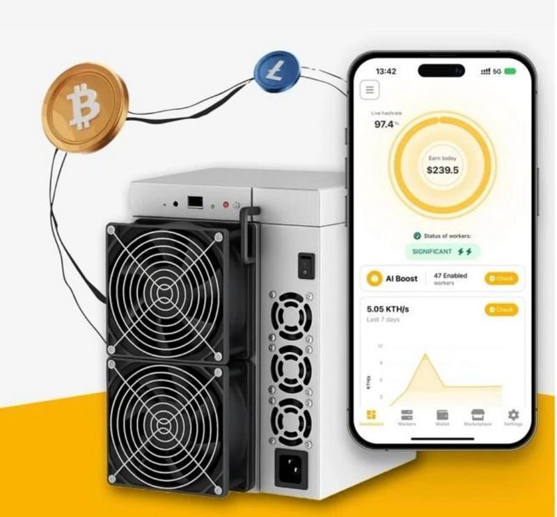 Oneminers Hardware device with fans and smartphone displaying a mining application on a yellow and white background