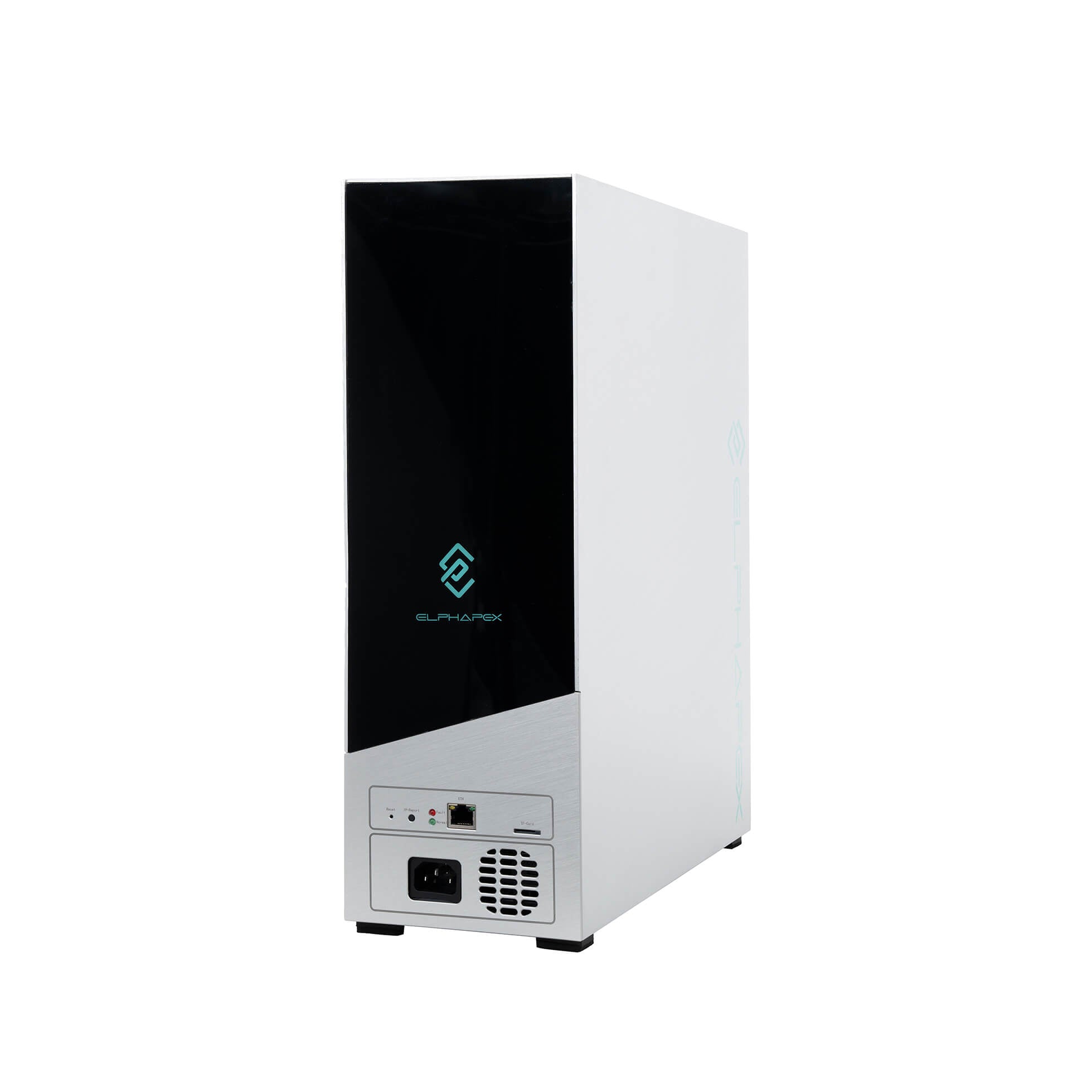 Elphapex DG HOME 1 ASIC miner, front view, with sleek white design and turquoise logo.