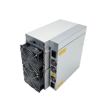 Antminer S19 Pro cryptocurrency miner with a silver metal body, dual front cooling fans with protective grilles, multiple rear exhaust fans, and power input ports.