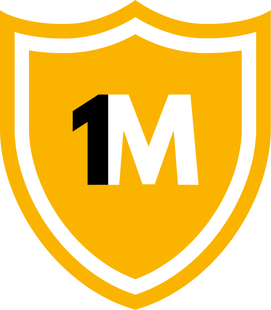 Shield-shaped logo with '1M' in the center