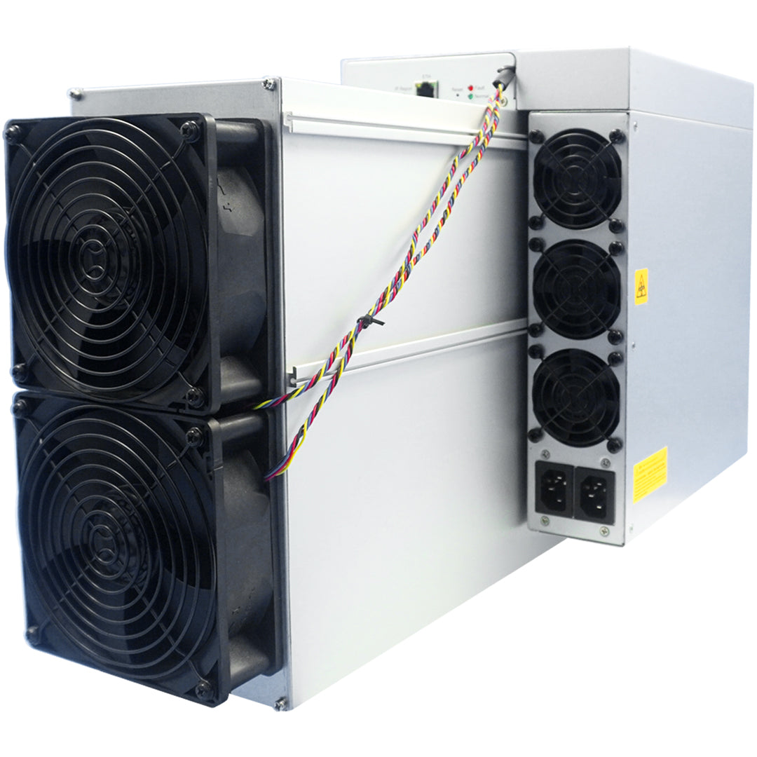 Antminer E9 Pro – 3580 MH/s ASIC miner with a silver chassis, dual front cooling fans, and multiple rear ventilation fans for optimized Ethereum mining performance.