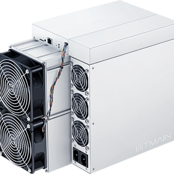 Antminer K7 crypto miner by Bitmain, featuring a silver metal casing, dual front intake fans, multiple rear exhaust fans, and power input ports.